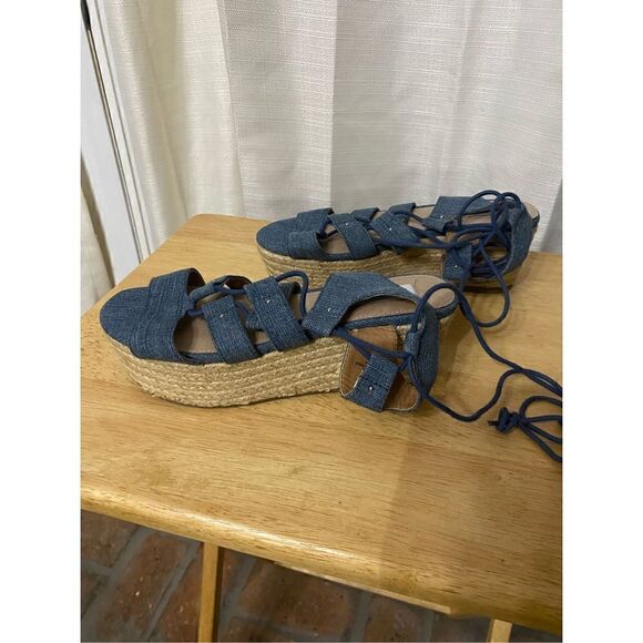 Steve Madden Braylin denim strappy lace up platform wedge shoes size 7 - Picture 8 of 8